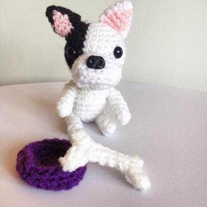 Mini French Bulldog Crochet Dog With Bone..