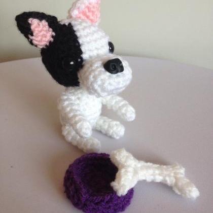 Mini French Bulldog Crochet Dog With Bone..