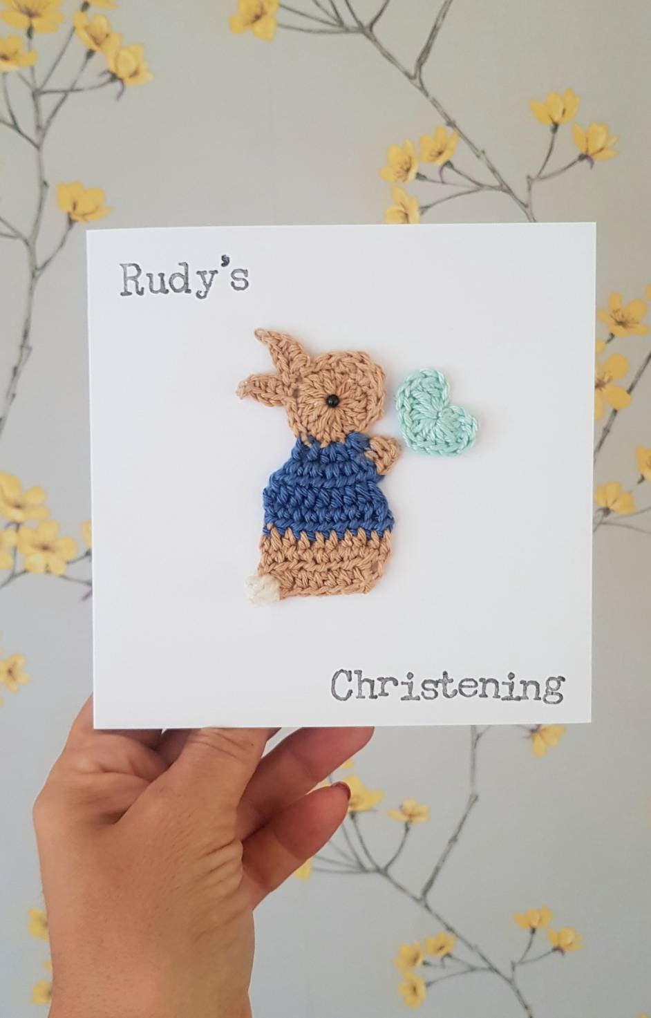 Personalised Handmade Bunny Christening Crochet Greeting Card, Peter Rabbit Inspired New Baby Card, Cute Cards, Bunny Birthday Card, Kids Birthday Card,