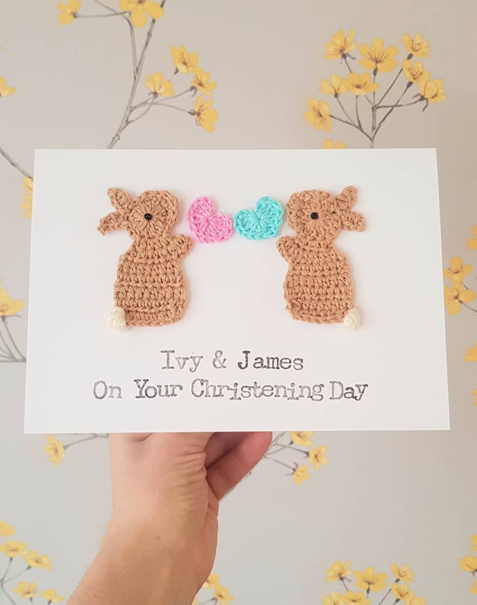 Personalised Twins Handmade Bunny Greeting Card for Christening, Baby Twins Card, Baby Twins Christening, Baby Twins Birth,