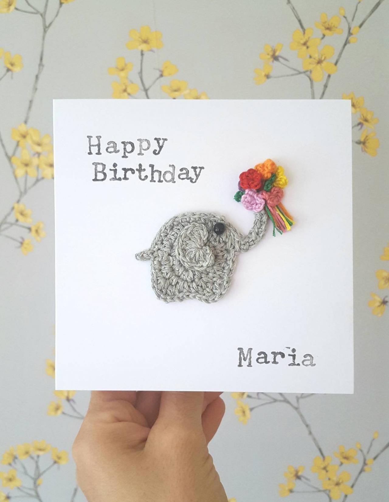 Handmade Elephant Birthday Card, Cute Crochet Greeting Card,Personalised Elephant Card, Elephant Anniversary Card, Crochet Card, Cute Elephant Card with bouquet
