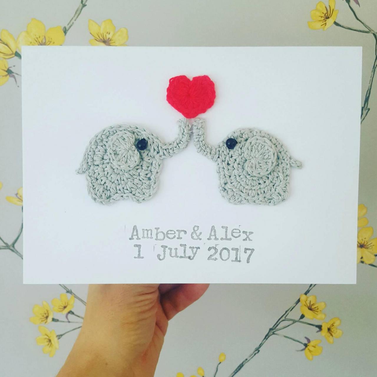 Personalised Anniversary Elephant Crochet Card, Crochet Greeting Card, Elephant Wedding Card, Valentine Elephant Greeting Card, Cute Elephant Card