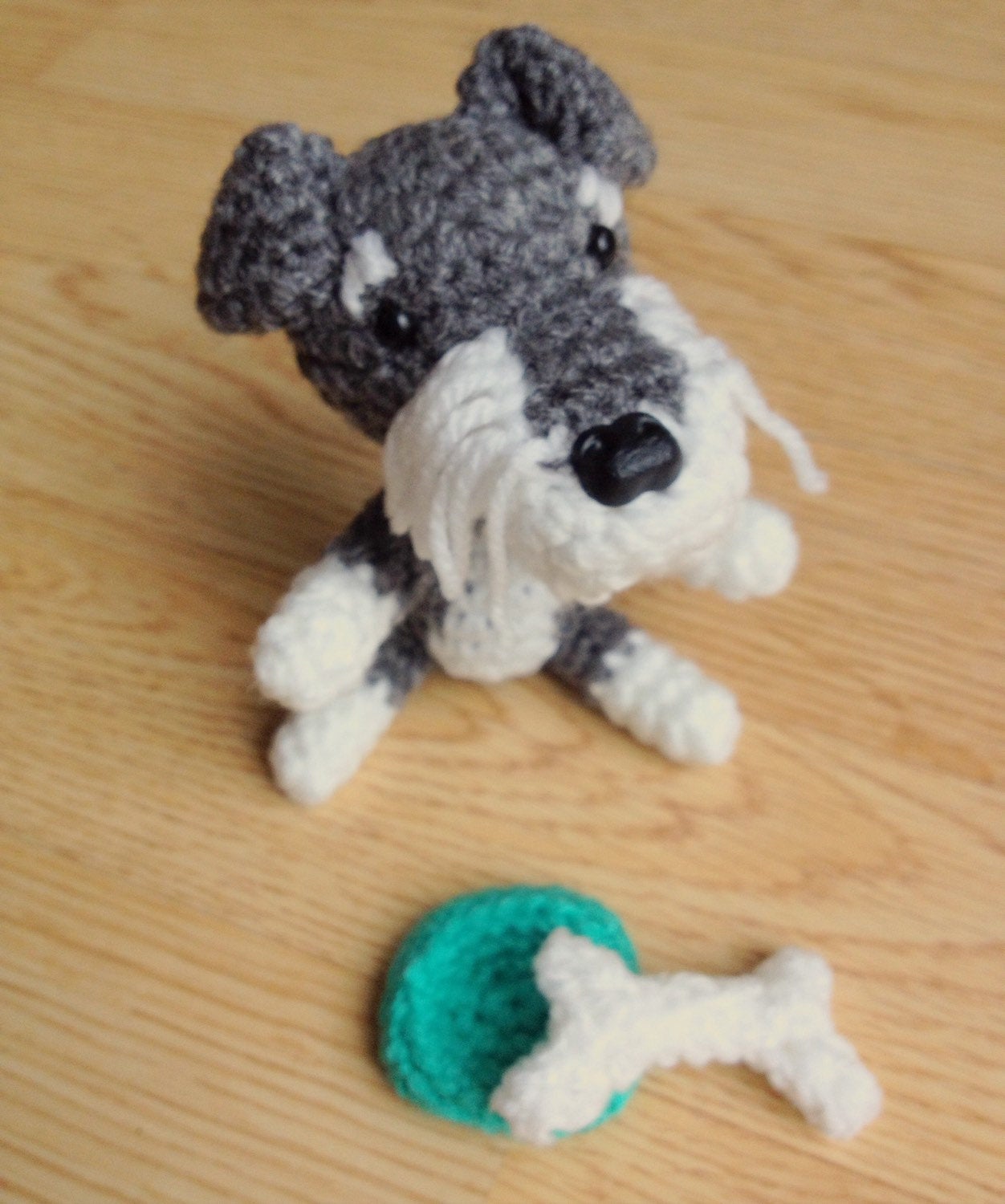 Crochet Toy Animal, Mini Schnauzer Crochet Dog with Bone & Bowl, Schnauzer Gift, Handmade Gift Boxed, Dog Lovers Gift