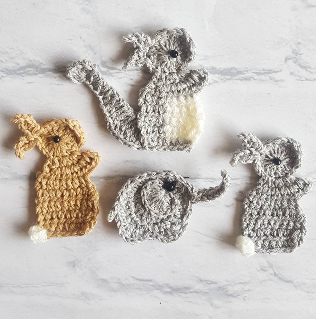 Set of 4 Crochet Animals, Squirrel Crochet Applique, Bunny Crochet Embellishment, Elephant Crochet, Craft Embellishments, Sewing Accessories, Scrapbooking,