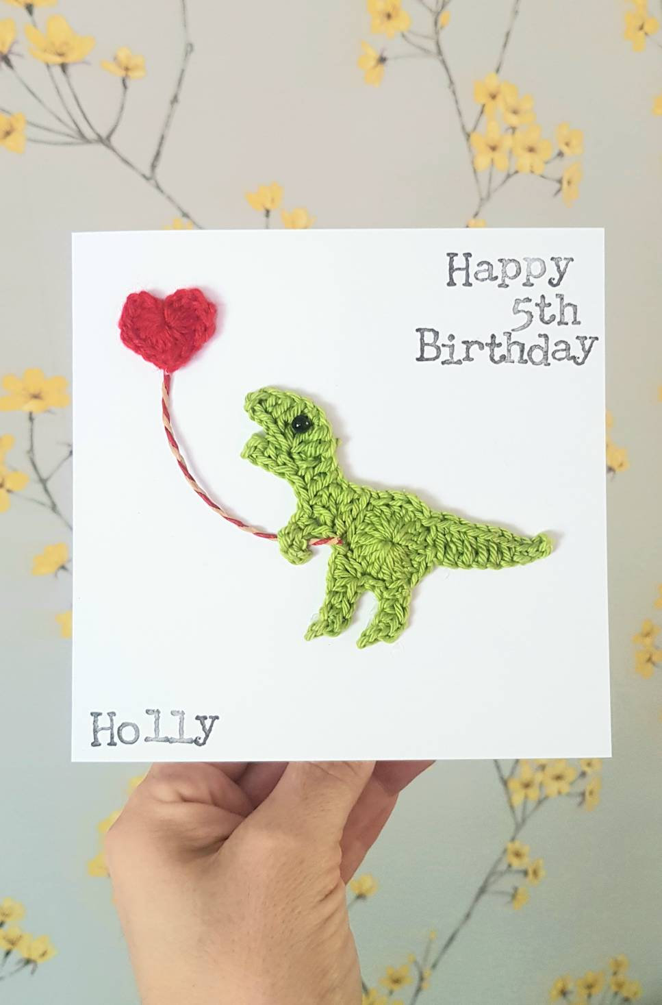 Personalised Handmade Dinosaur Crochet Greeting Card, Birthday Dinosaur Crochet Card, T-Rex Birthday Card, Kids Birthday Card, Quirky Birthday Card