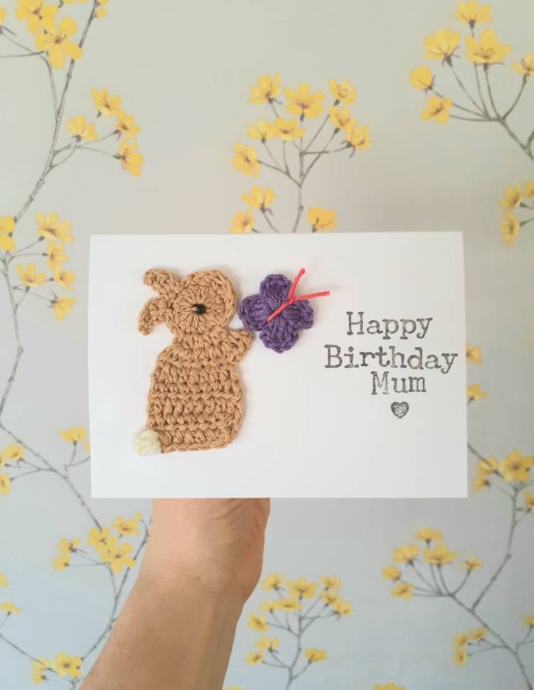 Cute Crochet Greeting Card, Personalised Handmade Bunny & Butterfly Crochet Birthday Card, Girls Birthday Card, Cute Cards, Bunny Birthday Card, Mum Birthday Card
