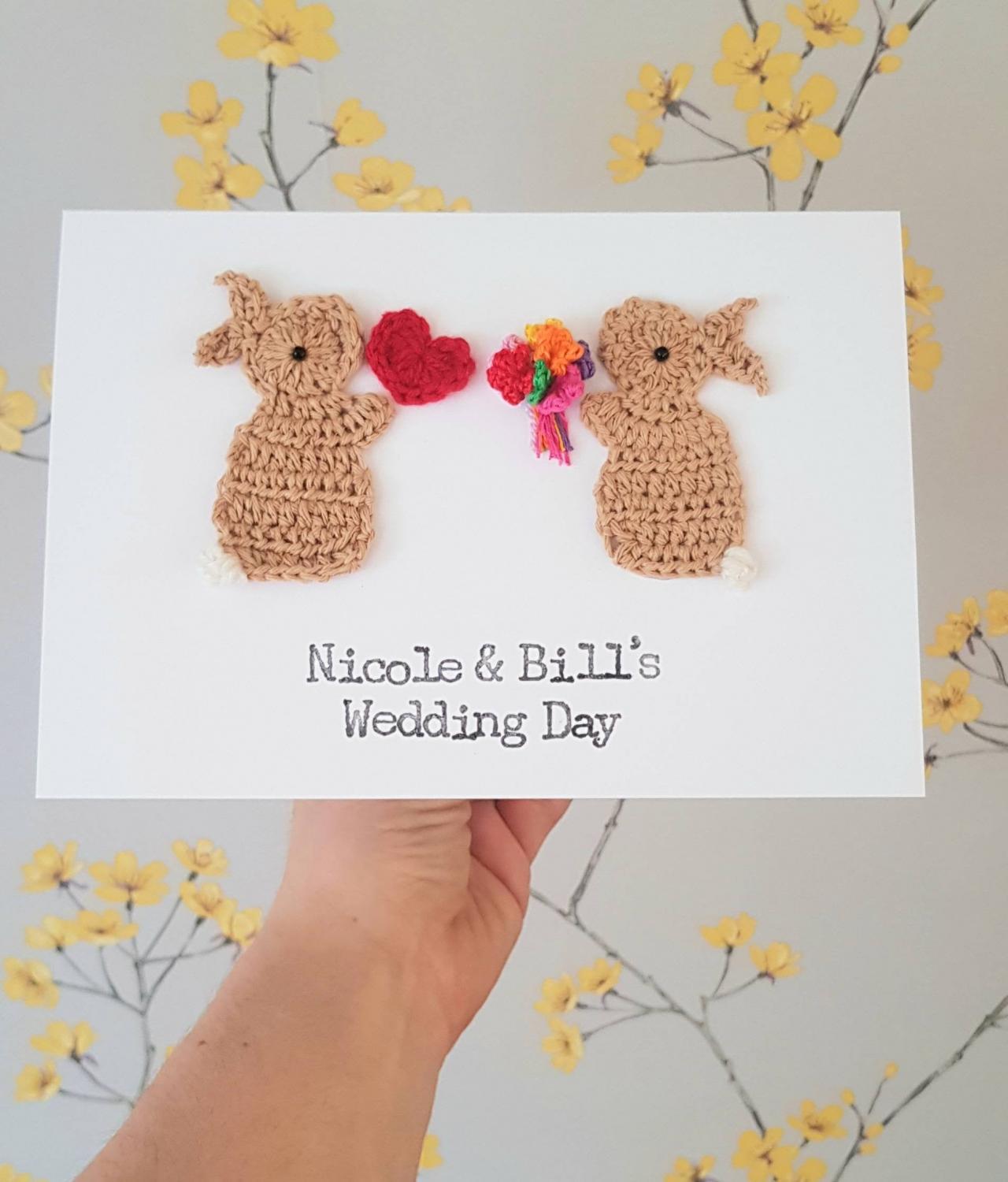 Personalised Handmade Wedding Bunny Crochet Greeting Card, Cute Wedding Card, Personalised Wedding Card, Crochet Bunnies, Anniversary Cards