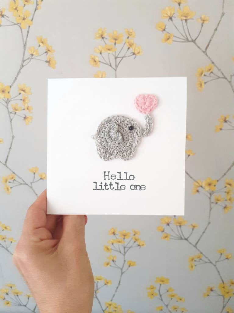 Cute Crochet Greeting Card, Handmade Elephant Baby Girl Crochet Card, Baby Girl Card, New Baby Card, Cute Elephant Card, Kids Birthday Cards, Personalised Baby Card