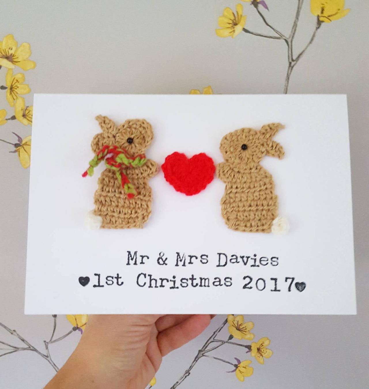 Personalised Christmas Card,Crochet greeting card, Christmas Bunny Card, Couples Christmas Card, Husband Christmas Card, Wife Christmas Card, Mum & Dad Christmas
