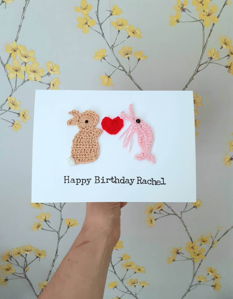 Personalised Anniversary Prawn & Bunny Crochet Card, Crochet Greeting Card,Prawn Lovers Card, Quirky Valentine Card, Prawn Bunny Wedding Card, Quirky Anniversary Card,