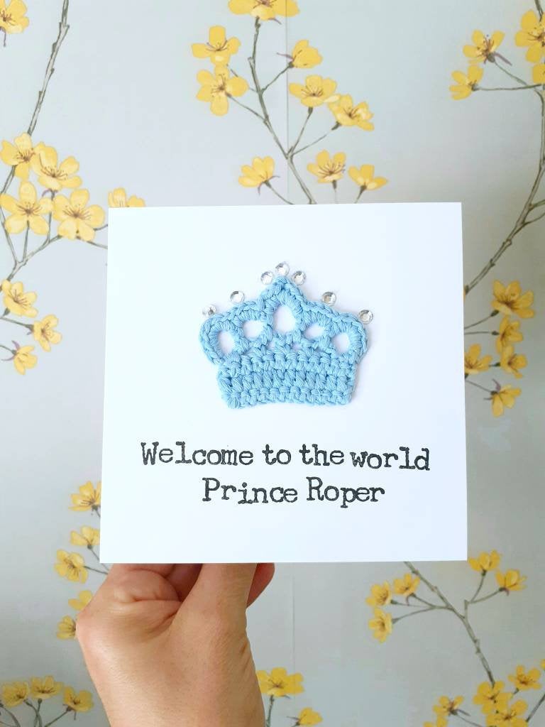 Handmade "A Prince is Born" Crown Crochet Greeting Card, New Baby Boy Card, Boy Birthday Card, Bling birthday card, kids birthday card