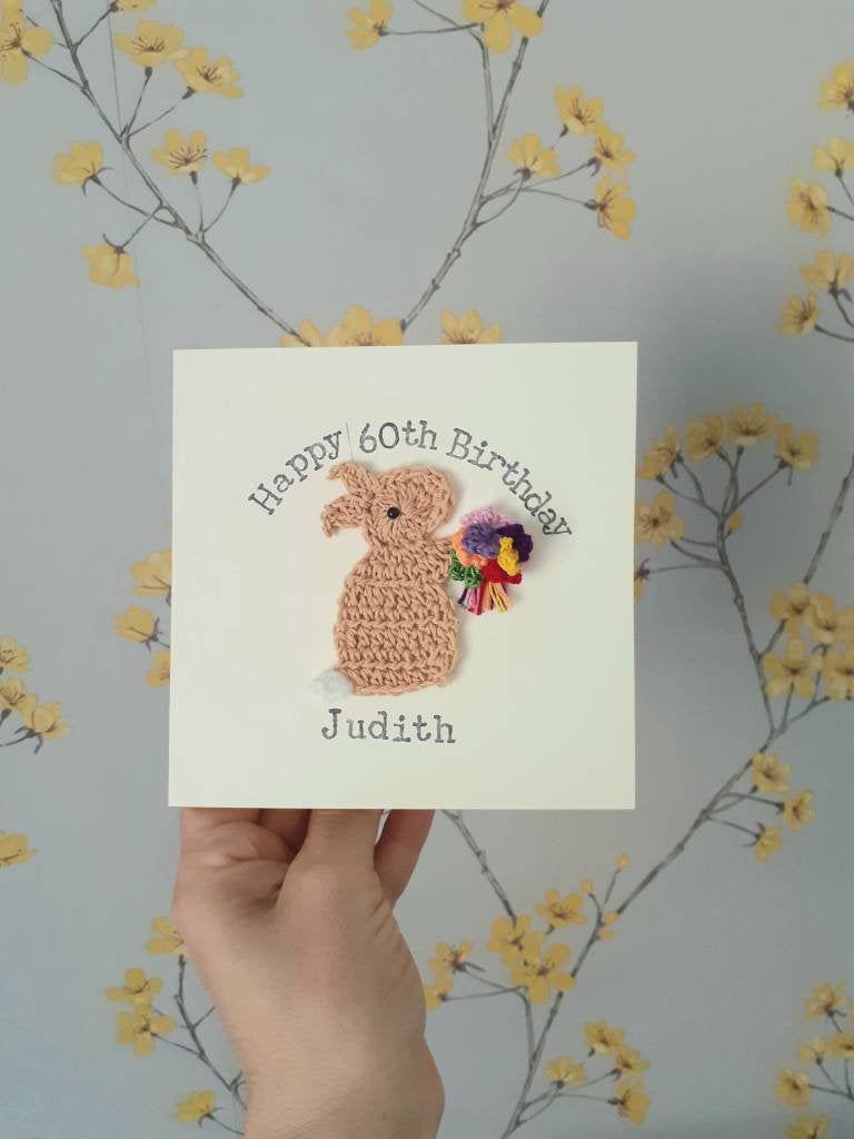 Cute Crochet Greeting Card, Personalised Handmade Crochet Bunny Bouquet Special Birthday Card, Bunny Card, Cute Birthday Card, Keepsake Birthday Card