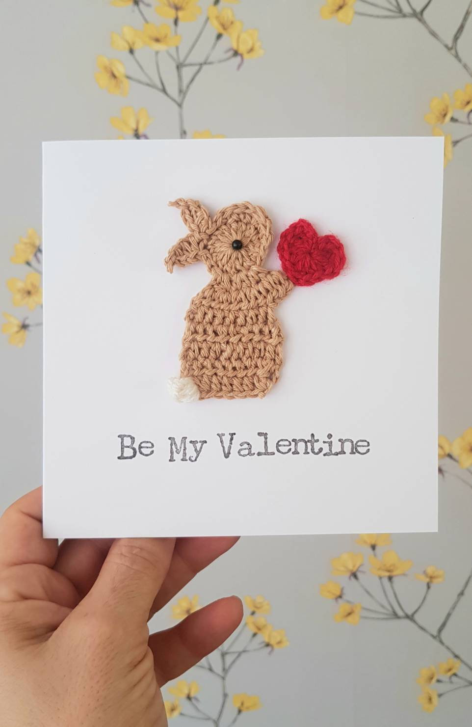 Valentine Bunny & Heart Crochet Greeting Card, Cute Valentine Crochet cards , Bunny Valentine Card. Personalised Valentine Card, Bunny Anniversary Card