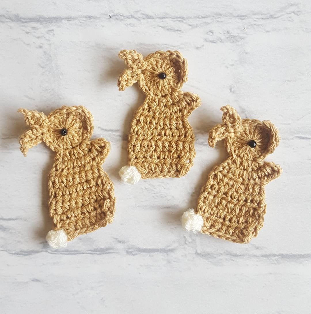 Set of 3 Crochet Rabbits, Crochet Rabbit Applique, Crochet Rabbits, Crochet Embellishments, Sewing Accessories, Scrapbooking, Applique, Handmade Bunny