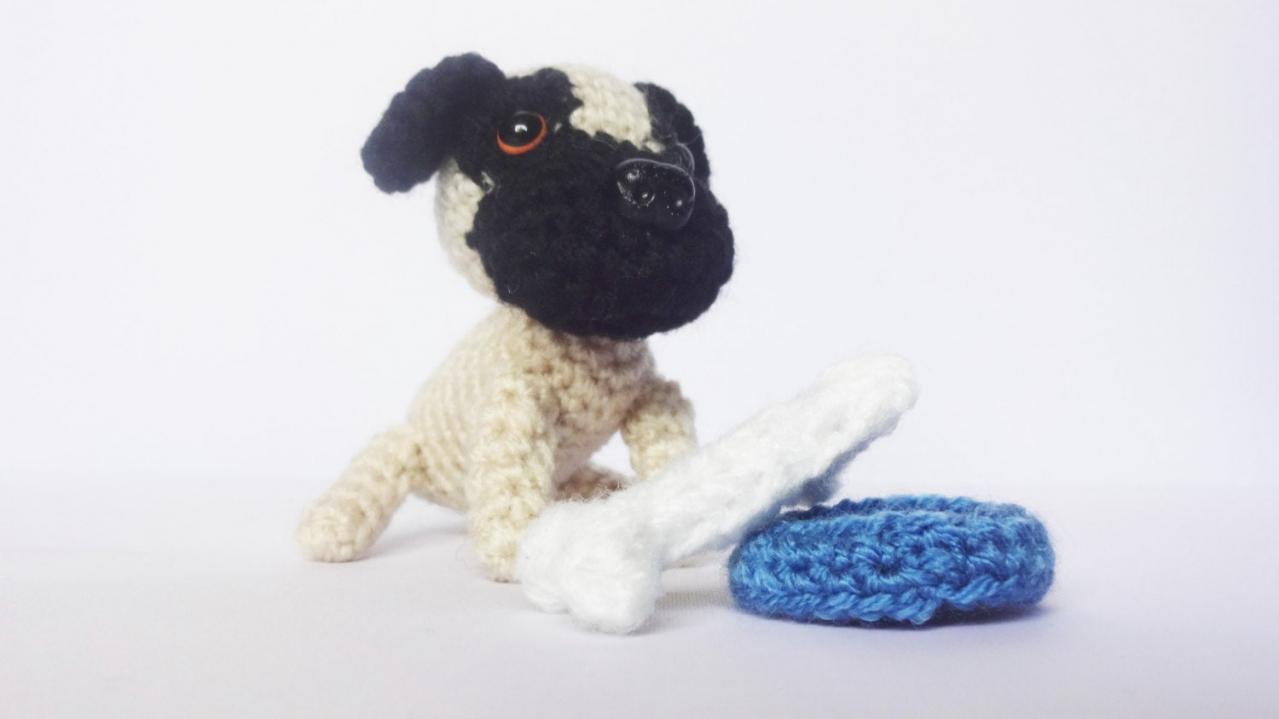 Crochet Toy Animal, Mini Pug Crochet Dog with Bone & Bowl, Handmade Gift Boxed, Pug Soft Toy, Pug gifts