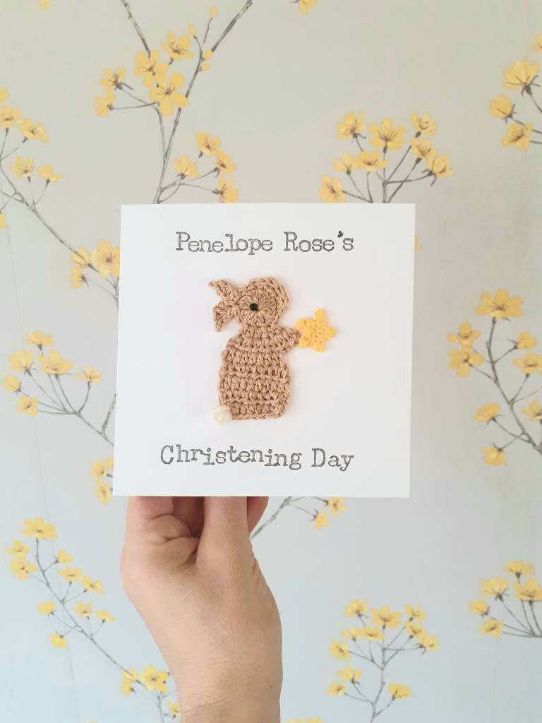 Cute Crochet Card, Personalised Handmade 'christening Day'' Bunny Crochet Greeting Card, Baby's Christening