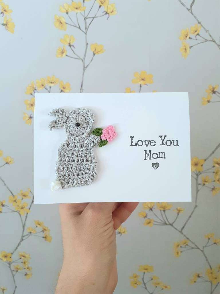 Personalised Handmade Mom Bunny Crochet Greeting Card, Crochet cards, Cute Mum Birthday Card, Mother's Day Card, Bunny Birthday Card, Bunny Easter Card