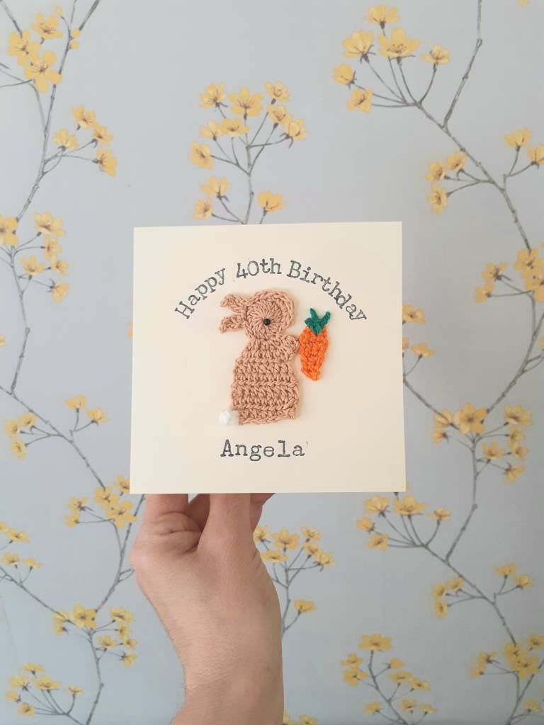 Personalised Handmade Crochet Bunny & Carrot Special Birthday Card, Crochet Greeting Card, Cute Bunny Card, Personalised Bunny Card, Easter Bunny Card