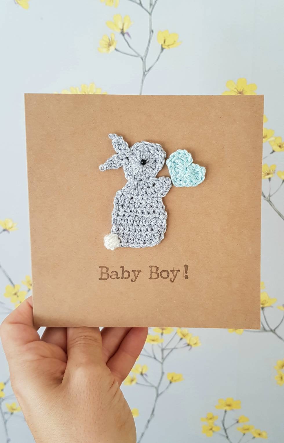 Handmade Bunny Baby Boy Crochet Card, Cute Crochet Greeting Card, New Baby Card, Bunny Card, Baby Boy Card, Baby Bunny Card, Cute New Baby Card, Personalised Baby Card