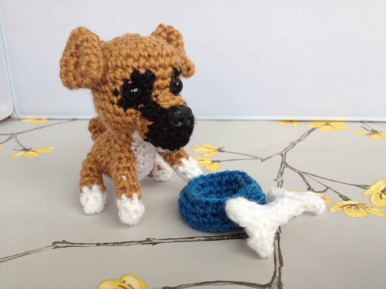 Crochet Toy Animal, Mini Boxer Crochet Dog with Bone & Bowl, Boxer dog gift, Handmade Gift Boxed Gift,