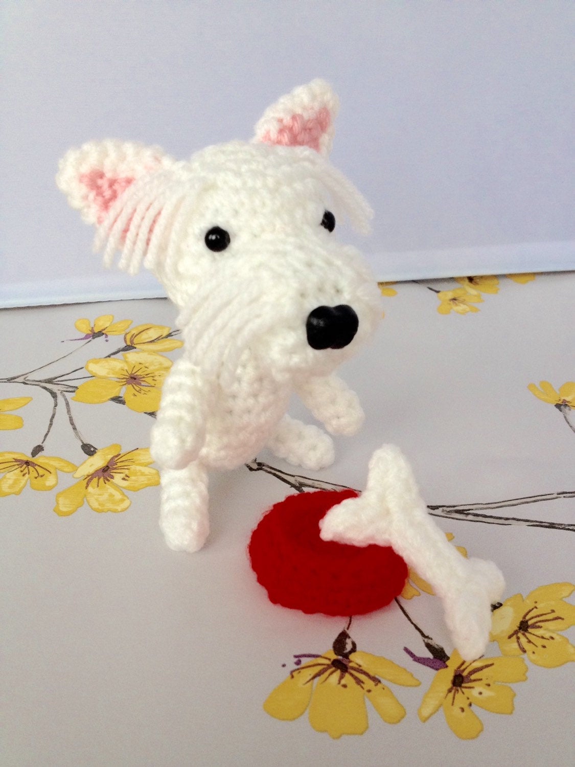 Mini Westie Crochet Dog with Bone & Bowl, Handmade Crochet Toy Dog Gift, Westie Dog Gift, Dog Lovers Gift, Westie Toy, Crochet Dog, Boxed Dog Gift