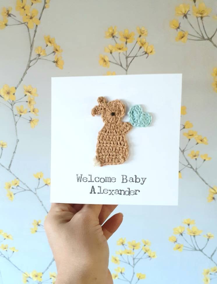 Personalised Handmade New Baby Boy Bunny Crochet Greeting Card, Cute Cards handmade, Bunny Birthday Card, Kids Birthday Card