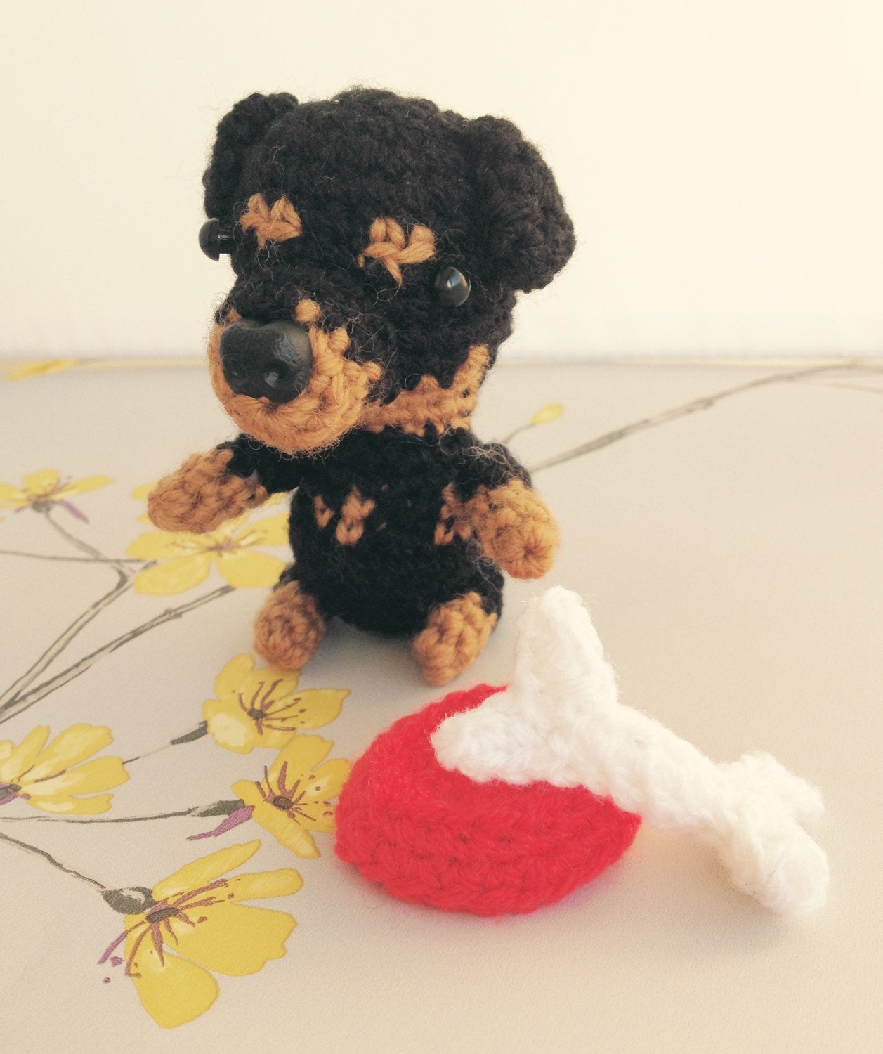 Mini Rottweiler Crochet Dog With Bone & Bowl, Crochet Toy Animal, Rottweiler Gift, Handmade Gift Boxed, Dog Lovers Gift,