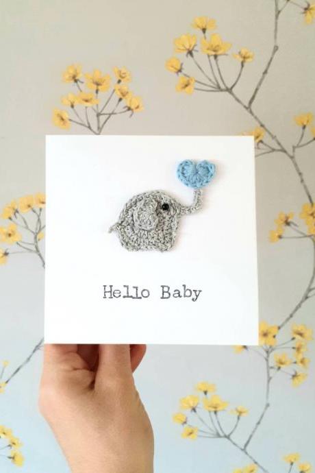 Handmade Elephant New Baby Boy Crochet Greeting Card "Hello Baby", Cute Crochet Card,Baby Boy Card, New Baby Card, Cute Baby Card, Kids Birthday Cards,
