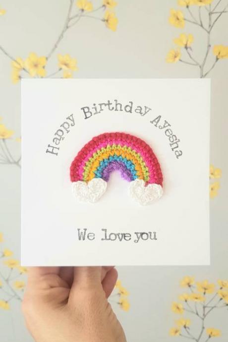 Personalised Handmade Rainbow Crochet Greeting Card, Birthday Rainbow Card, Rainbow Get Well Card, Rainbow kids Card, Sibling birthday card