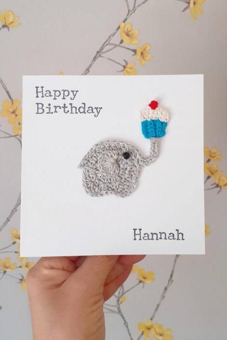 Handmade Crochet Greeting Card, Crochet Elephant Birthday Card, Personalised Elephant Card, Elephant Cupcake Card, Cute Card, Special Friend Card, Cake Lovers Card