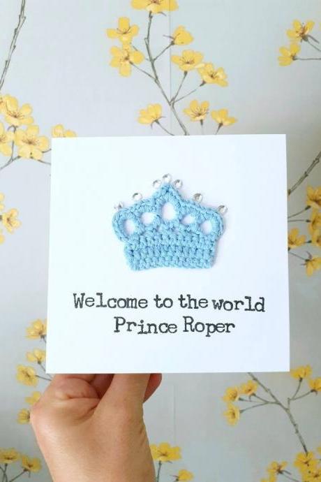 Handmade "A Prince is Born" Crown Crochet Greeting Card, New Baby Boy Card, Boy Birthday Card, Bling birthday card, kids birthday card