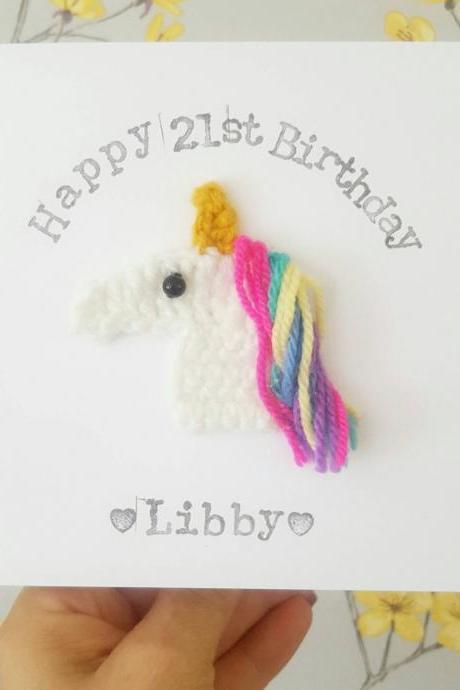 Personalised Handmade Crochet Unicorn Birthday Card, Crochet greeting card, Magical Card, Coming of Age, Unicorn Card, Unicorn Lovers, Quirky Cards