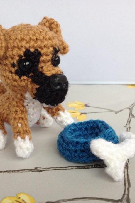 Crochet Toy Animal, Mini Boxer Crochet Dog with Bone & Bowl, Boxer dog gift, Handmade Gift Boxed Gift,