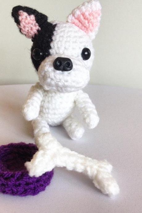 Mini French Bulldog Crochet Dog with Bone & Bowl, Crochet Toy Animal, Handmade Gift Boxed, Bulldog gift