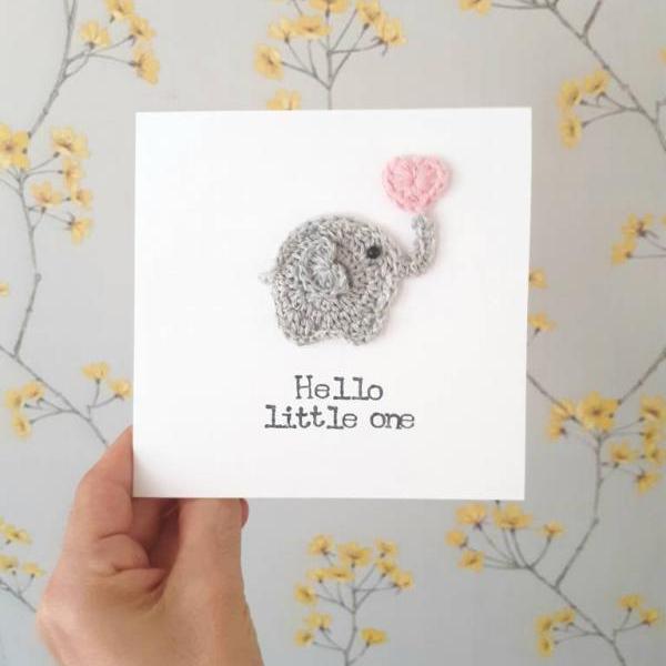 Cute Crochet Greeting Card, Handmade Elephant Baby Girl Crochet Card, Baby Girl Card, New Baby Card, Cute Elephant Card, Kids Birthday Cards, Personalised Baby Card