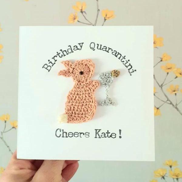 Personalised Crochet Bunny Martini Card, Crochet greeting card, Quarantine Birthday Card, Cocktail Lovers Card, Quirky Birthday Card, Special Friend Card,